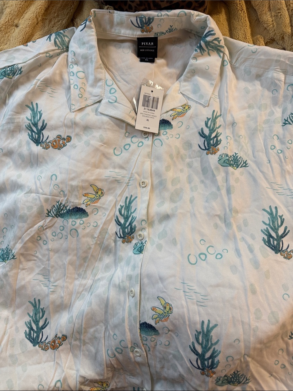 Her Universe White Button-Up Top with Teal and Yellow Ocean Print